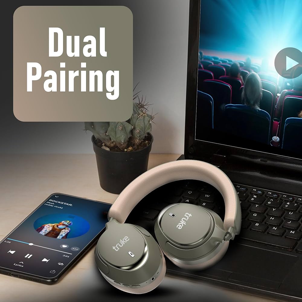 truke New Launch Aura Bass V2 Over The Ear Headphone with 50H of Playtime, 40mm Titanium Drivers, Dual Pairing Headset, 40ms Ultra Low Latency, ENC, Premium Design & Comfort - Forest Green