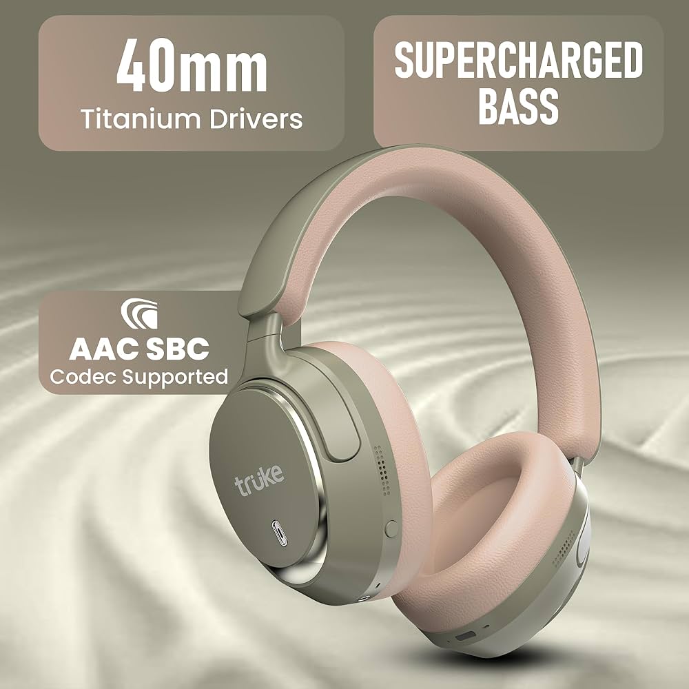truke New Launch Aura Bass V2 Over The Ear Headphone with 50H of Playtime, 40mm Titanium Drivers, Dual Pairing Headset, 40ms Ultra Low Latency, ENC, Premium Design & Comfort - Forest Green