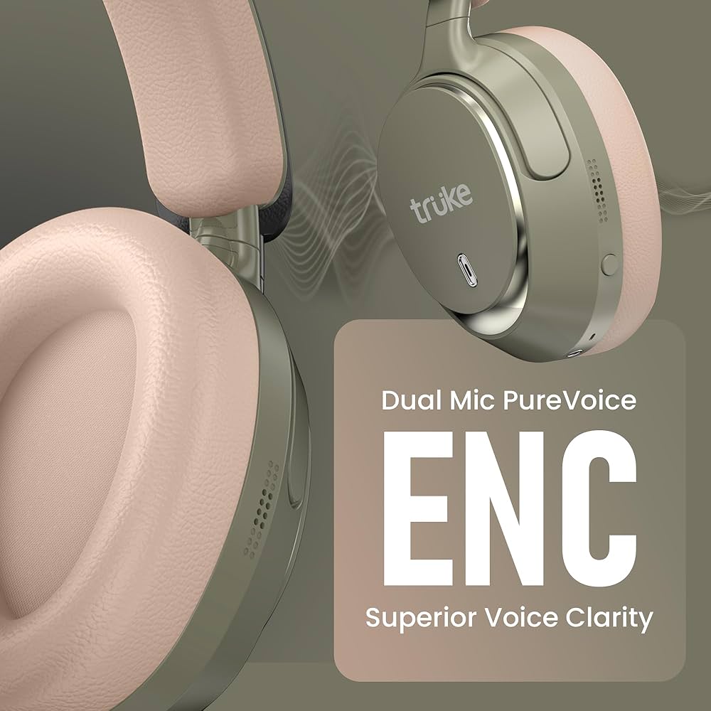 truke New Launch Aura Bass V2 Over The Ear Headphone with 50H of Playtime, 40mm Titanium Drivers, Dual Pairing Headset, 40ms Ultra Low Latency, ENC, Premium Design & Comfort - Forest Green