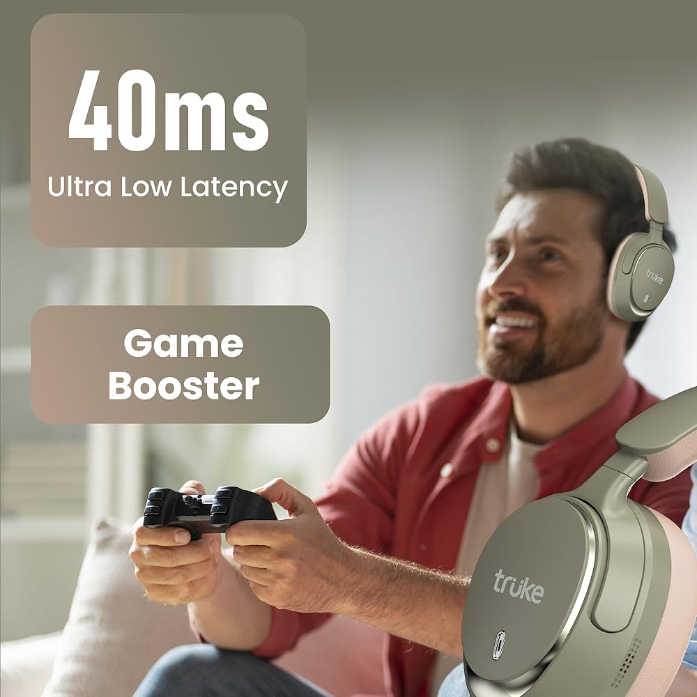 truke New Launch Aura Bass V2 Over The Ear Headphone with 50H of Playtime, 40mm Titanium Drivers, Dual Pairing Headset, 40ms Ultra Low Latency, ENC, Premium Design & Comfort - Forest Green