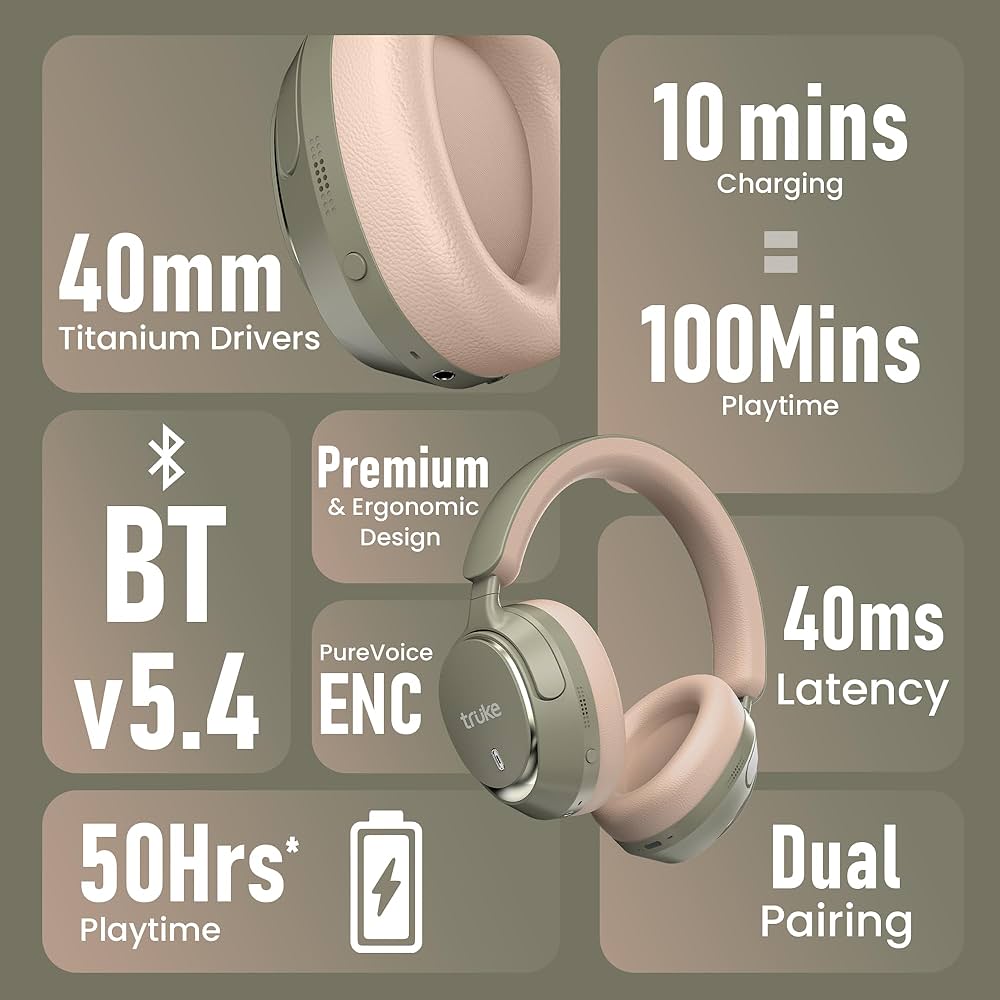 truke New Launch Aura Bass V2 Over The Ear Headphone with 50H of Playtime, 40mm Titanium Drivers, Dual Pairing Headset, 40ms Ultra Low Latency, ENC, Premium Design & Comfort - Forest Green