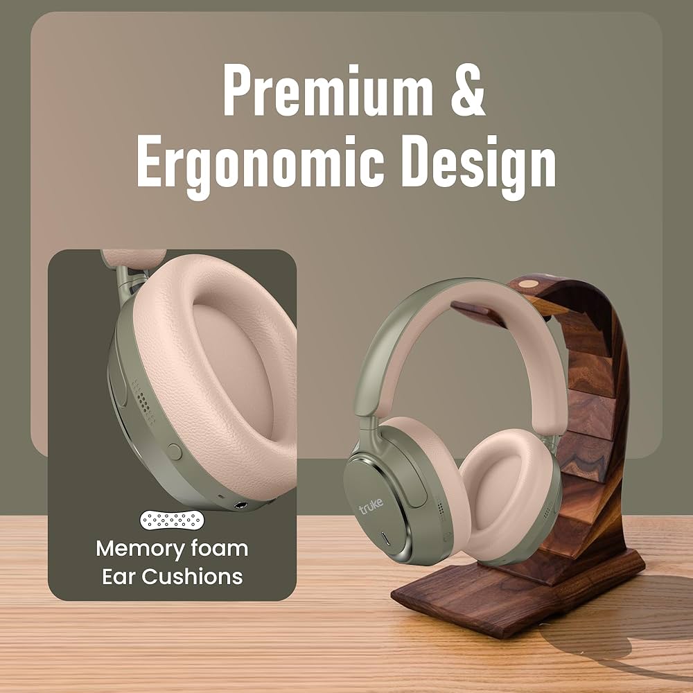 truke New Launch Aura Bass V2 Over The Ear Headphone with 50H of Playtime, 40mm Titanium Drivers, Dual Pairing Headset, 40ms Ultra Low Latency, ENC, Premium Design & Comfort - Forest Green