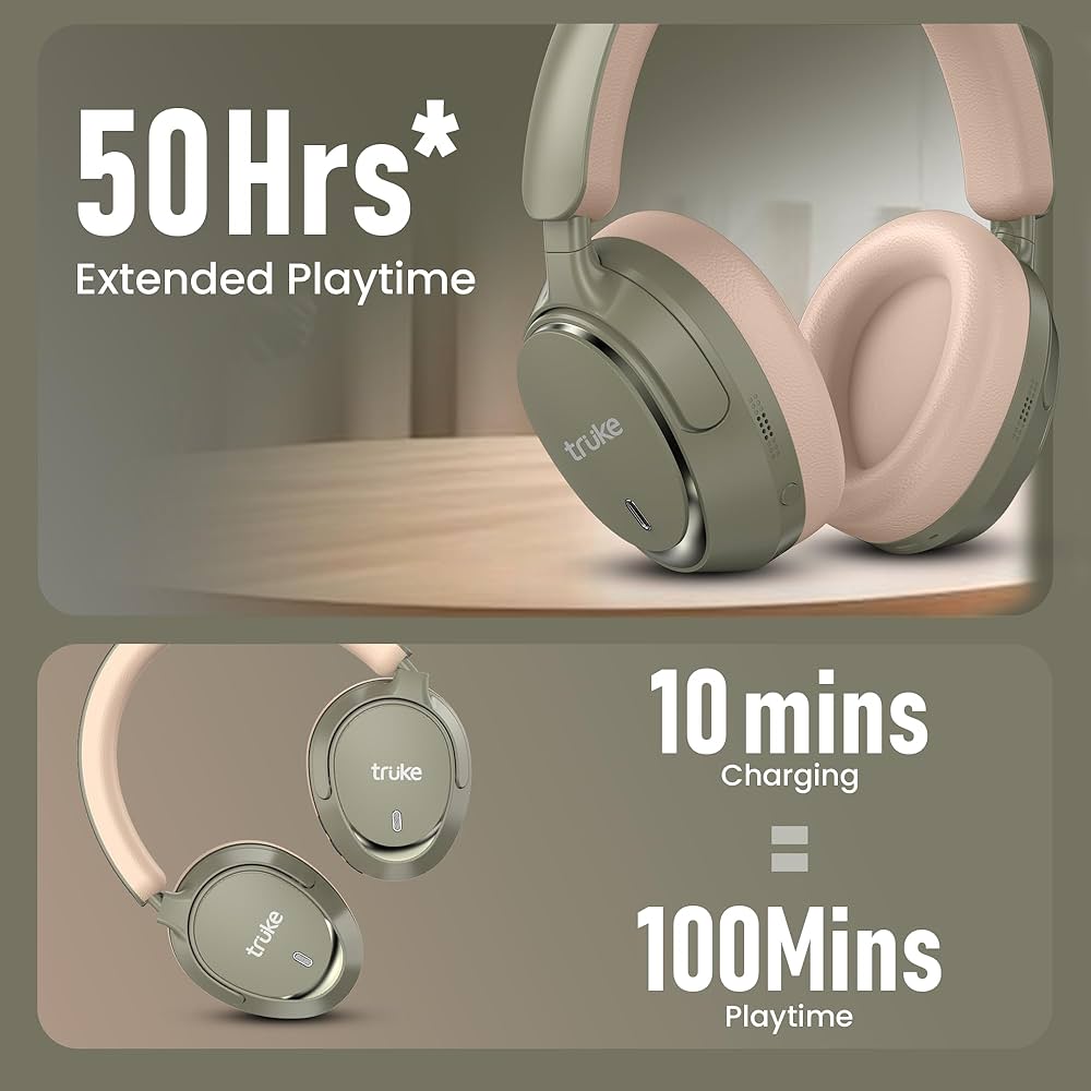 truke New Launch Aura Bass V2 Over The Ear Headphone with 50H of Playtime, 40mm Titanium Drivers, Dual Pairing Headset, 40ms Ultra Low Latency, ENC, Premium Design & Comfort - Forest Green