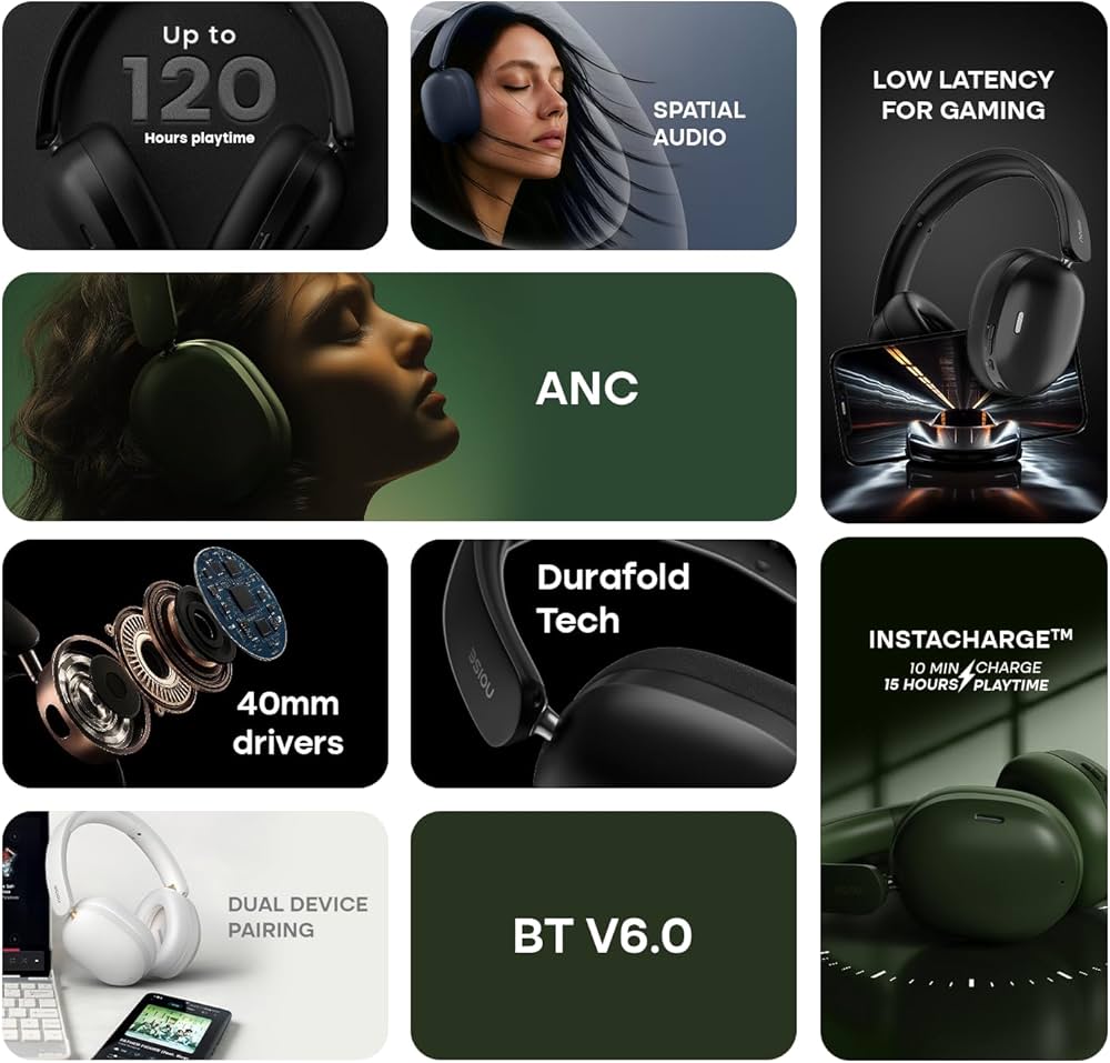 Noise Newly Launched Airwave Max XR Wireless Over-Ear Headphones with 120H Playtime, ANC, HFA Tech, Spatial Audio, Dual Pairing,BT V6.0(Pearl Beige)